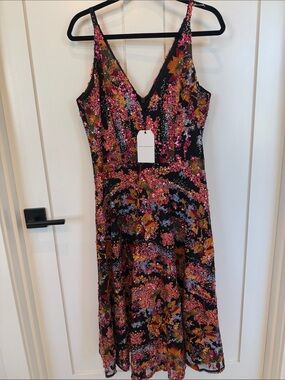 Floral V-Neck Black Midi Dress in Pink and Gold Sequins